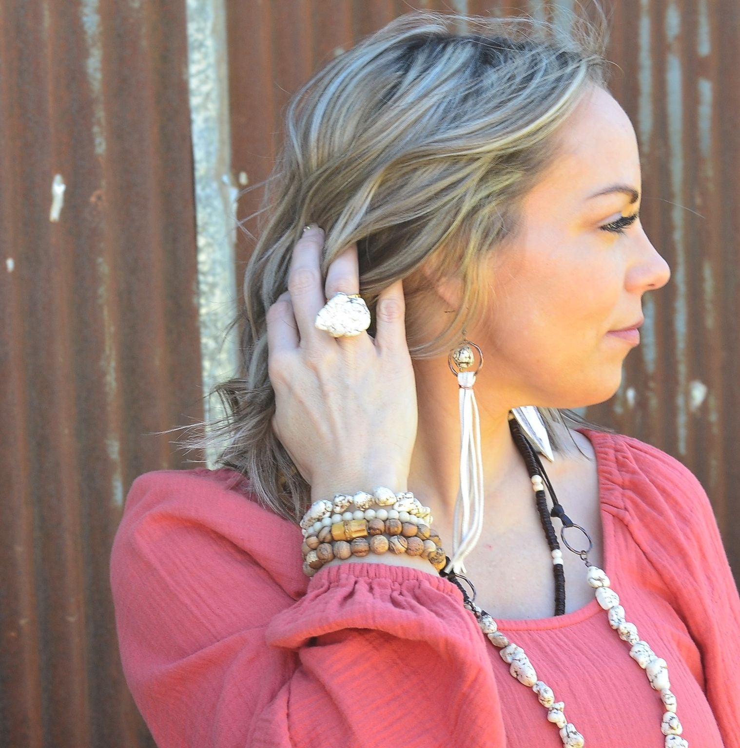 Turquoise Drop Earrings w/ Cream Leather Tassel